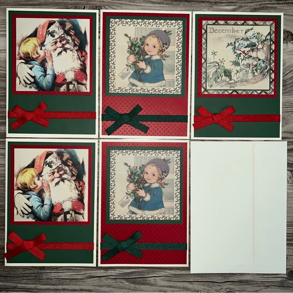 Vintage Style Christmas Greeting Cards with Red and Green Bows With Envelopes